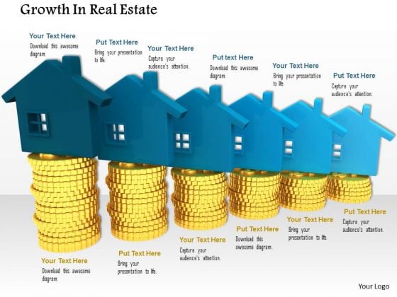 Stock Photo Blue House Icons On Gold Coins PowerPoint Slide
