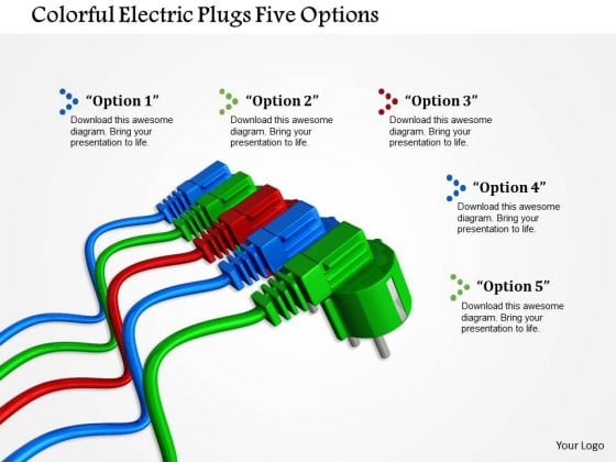 Stock Photo Colorful Electric Plugs Five Options PowerPoint Slide