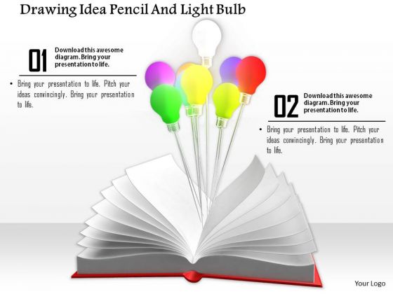 Stock Photo Colorful Light Bulbs Over Open Book PowerPoint Slide Stock Photo Colorful Light Bulbs Over Open Book PowerPoint Slide