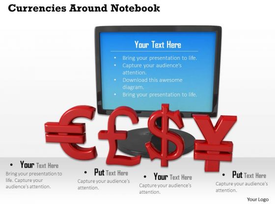 Stock Photo Currencies Symbol In Front Of Desktop Screen PowerPoint Slide