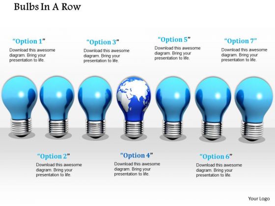 Stock Photo Globe Bulb In Center Of Blue Bulbs PowerPoint Slide