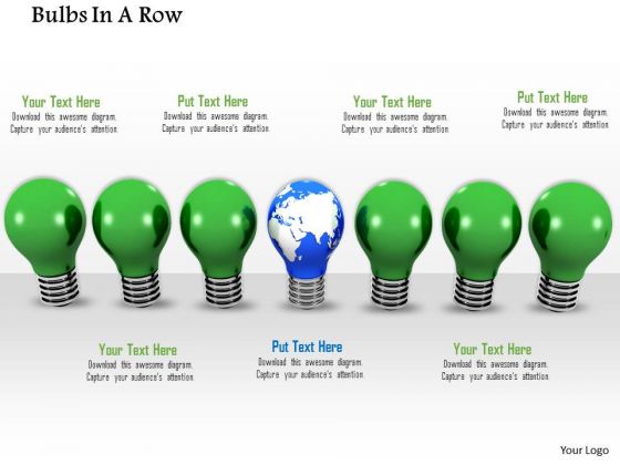 Stock Photo Globe Bulb In Center Of Green Bulbs PowerPoint Slide