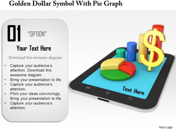 Stock Photo Golden Dollar Symbol With Pie Graph PowerPoint Slide Stock Photo Golden Dollar Symbol With Pie Graph PowerPoint Slide