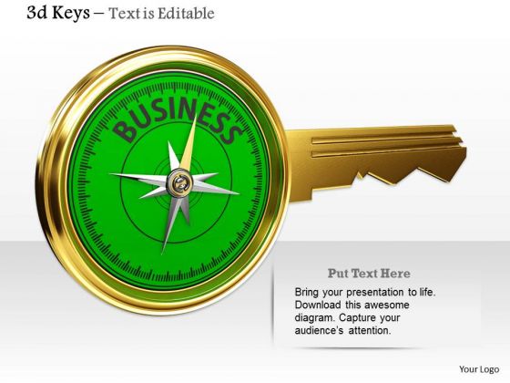 Stock Photo Golden Key Compass With Business Word PowerPoint Slide