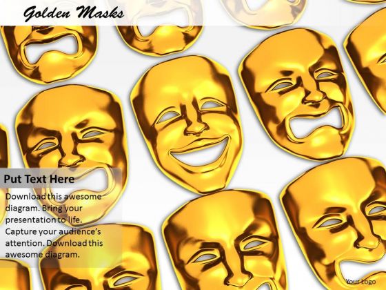 Stock Photo Golden Masks With Different Expressions PowerPoint Slide Stock Photo Golden Masks With Different Expressions PowerPoint Slide