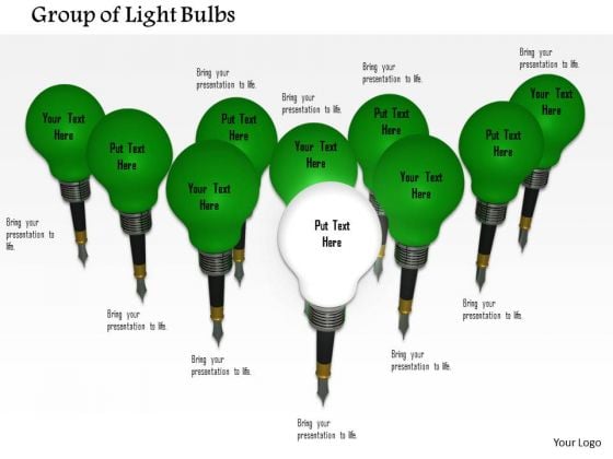 Stock Photo Green Light Bulbs With One Standing Ahead PowerPoint Slide
