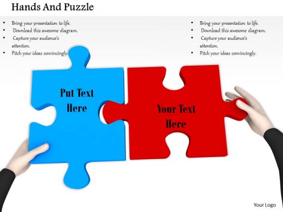 Stock Photo Hands Fixing Red And Blue Puzzles PowerPoint Slide