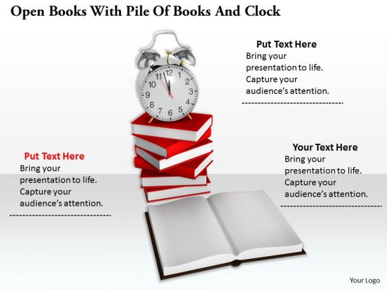 Stock Photo Open Books With Pile Of Books And Clock PowerPoint Slide