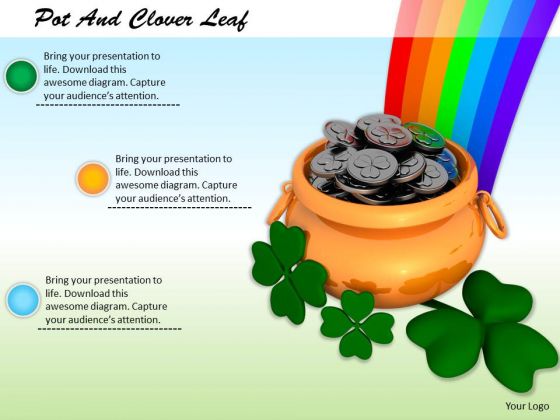 Stock Photo Pot And Clover Leaf With Rainbow PowerPoint Slide
