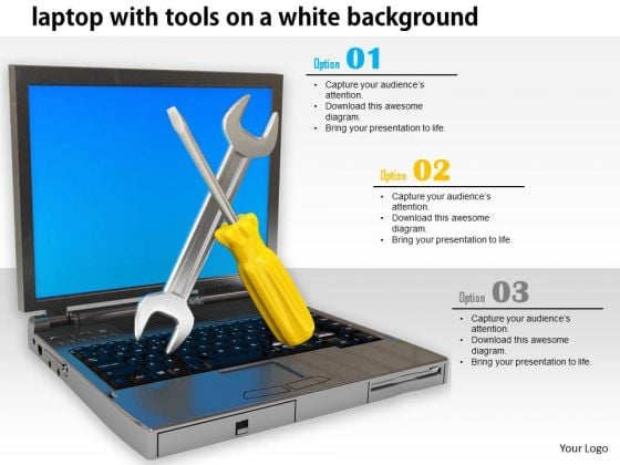 Stock Photo Service Tools With Computer Laptop PowerPoint Slide