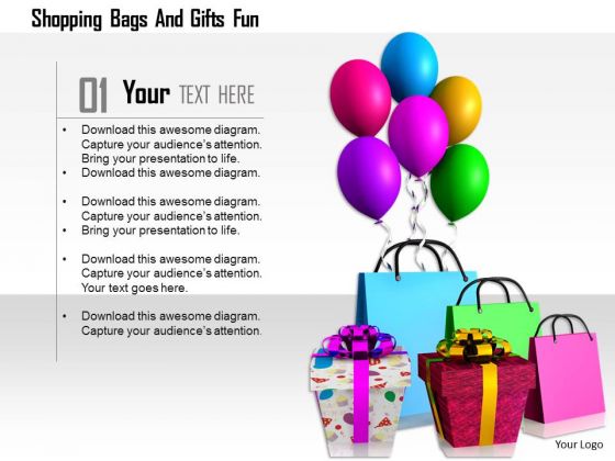 Stock Photo Shopping Bags With Gifts And Balloons PowerPoint Slide