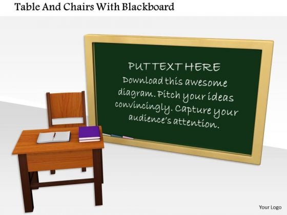 stock photo table and chairs with blackboard powerpoint slide 1