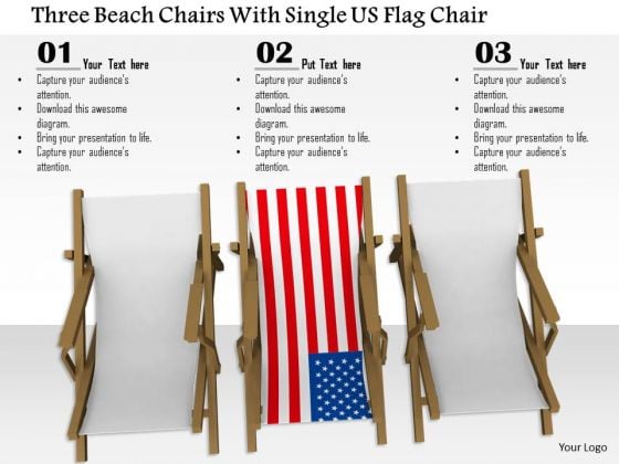 Stock Photo Three Beach Chairs With Single Us Flag Chair PowerPoint Slide Stock Photo Three Beach Chairs With Single Us Flag Chair PowerPoint Slide