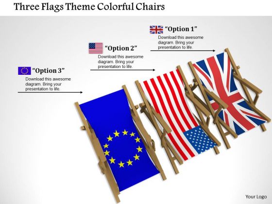 Stock Photo Three Flags Theme Colorful Chairs PowerPoint Slide Stock Photo Three Flags Theme Colorful Chairs PowerPoint Slide