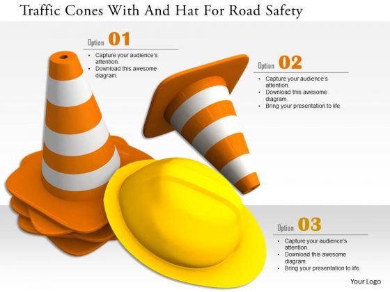 Stock Photo Traffic Cones With And Hat For Road Safety PowerPoint Slide Stock Photo Traffic Cones With And Hat For Road Safety PowerPoint Slide