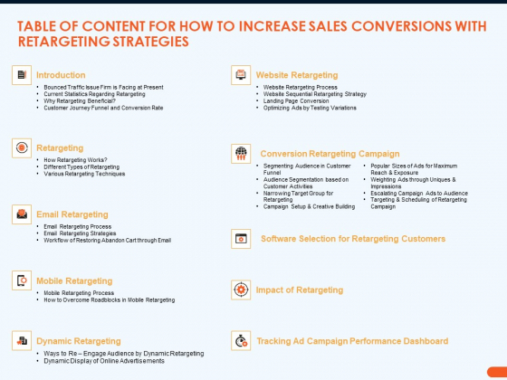 Table Of Content For How To Increase Sales Conversions With Retargeting Strategies Download PDF Table Of Content For How To Increase Sales Conversions With Retargeting Strategies Download PDF