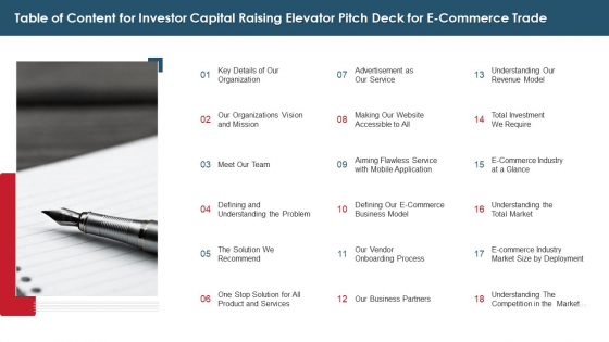 Table Of Content For Investor Capital Raising Elevator Pitch Deck For E Commerce Trade Formats PDF Table Of Content For Investor Capital Raising Elevator Pitch Deck For E Commerce Trade Formats PDF