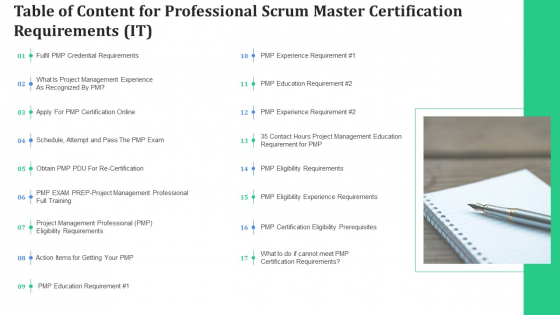Table Of Content For Professional Scrum Master Certification Requirements IT Demonstration PDF Table Of Content For Professional Scrum Master Certification Requirements IT Demonstration PDF