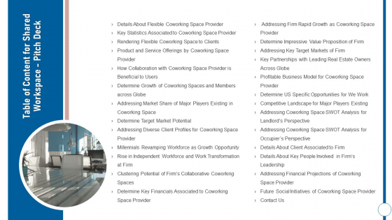 Table Of Content For Shared Workspace Pitch Deck Ppt Infographics Example Topics PDF Table Of Content For Shared Workspace Pitch Deck Ppt Infographics Example Topics PDF