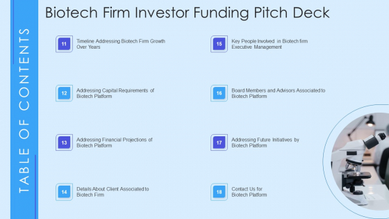 Table Of Contents Biotech Firm Investor Funding Pitch Deck Download PDF Table Of Contents Biotech Firm Investor Funding Pitch Deck Download PDF