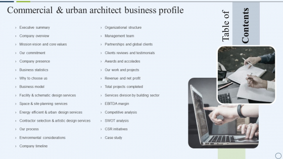 Table Of Contents Commercial And Urban Architect Business Profile Introduction PDF Table Of Contents Commercial And Urban Architect Business Profile Introduction PDF