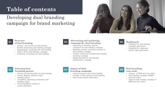 Table Of Contents Developing Dual Branding Campaign For Brand Marketing Graphics PDF