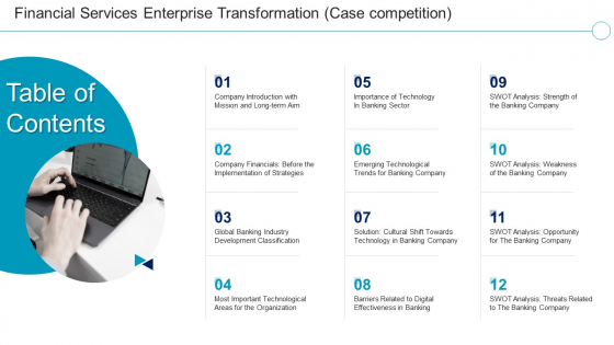 Table Of Contents Financial Services Enterprise Transformation Case Competition Template PDF Table Of Contents Financial Services Enterprise Transformation Case Competition Template PDF