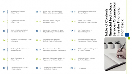 Table Of Contents Financial Technology Services Organization Investor Financing Pitch Deck Graphics PDF Table Of Contents Financial Technology Services Organization Investor Financing Pitch Deck Graphics PDF