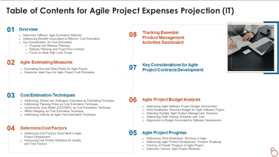 Table Of Contents For Agile Project Expenses Projection IT Summary PDF