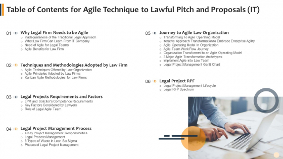 Table Of Contents For Agile Technique To Lawful Pitch And Proposals IT Download PDF