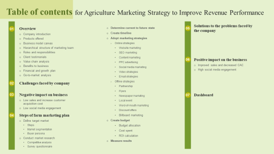 Table Of Contents For Agriculture Marketing Strategy To Improve Revenue Performance Icons PDF