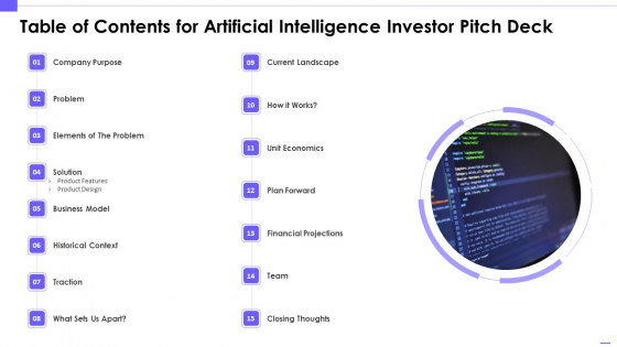 Table Of Contents For Artificial Intelligence Investor Pitch Deck Slides PDF Table Of Contents For Artificial Intelligence Investor Pitch Deck Slides PDF