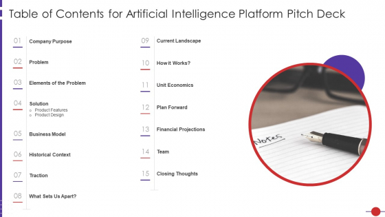 Table Of Contents For Artificial Intelligence Platform Pitch Deck Ppt Pictures Design Ideas PDF