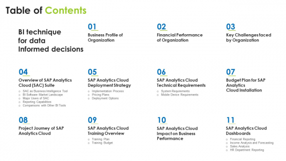 Table Of Contents For BI Technique For Data Informed Decisions Brochure PDF