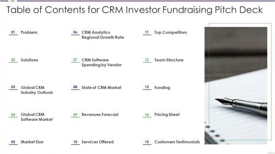 Table Of Contents For CRM Investor Fundraising Pitch Deck Formats PDF Table Of Contents For CRM Investor Fundraising Pitch Deck Formats PDF