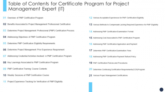 Table Of Contents For Certificate Program For Project Management Expert IT Demonstration PDF