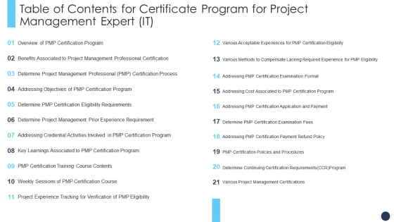 Table Of Contents For Certificate Program For Project Management Expert IT Demonstration PDF Table Of Contents For Certificate Program For Project Management Expert IT Demonstration PDF