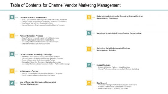Table Of Contents For Channel Vendor Marketing Management Slides PDF Table Of Contents For Channel Vendor Marketing Management Slides PDF