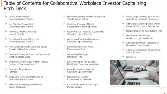 Table Of Contents For Collaborative Workplace Investor Capitalizing Pitch Deck Information PDF Table Of Contents For Collaborative Workplace Investor Capitalizing Pitch Deck Information PDF