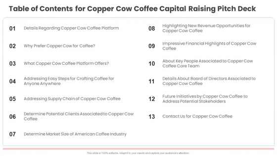 Table Of Contents For Copper Cow Coffee Capital Raising Pitch Deck Pictures PDF Table Of Contents For Copper Cow Coffee Capital Raising Pitch Deck Pictures PDF