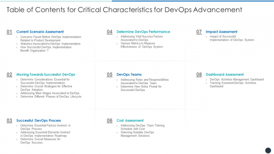 Table Of Contents For Critical Characteristics For Devops Advancement Slides PDF Table Of Contents For Critical Characteristics For Devops Advancement Slides PDF