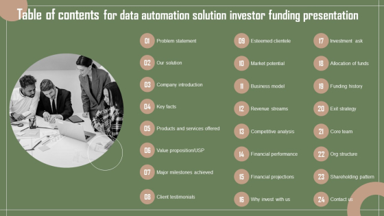 Table Of Contents For Data Automation Solution Investor Funding Presentation Brochure PDF