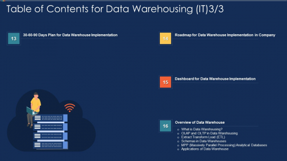 Table Of Contents For Data Warehousing IT Plan Ppt Gallery Shapes PDF Table Of Contents For Data Warehousing IT Plan Ppt Gallery Shapes PDF
