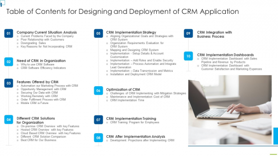 Table Of Contents For Designing And Deployment Of CRM Application Ppt PowerPoint Presentation File Layouts PDF Table Of Contents For Designing And Deployment Of CRM Application Ppt PowerPoint Presentation File Layouts PDF