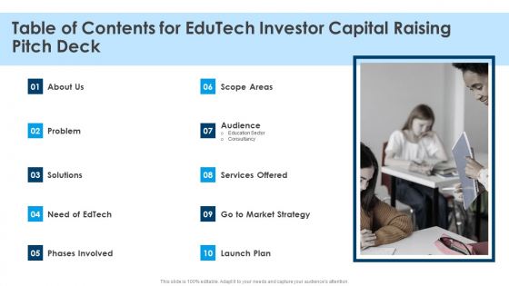 Table Of Contents For Edutech Investor Capital Raising Pitch Deck Edutech Investor Capital Raising Pitch Deck Elements PDF Table Of Contents For Edutech Investor Capital Raising Pitch Deck Edutech Investor Capital Raising Pitch Deck Elements PDF