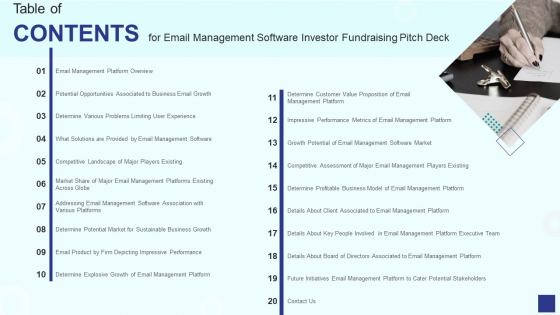 Table Of Contents For Email Management Software Investor Fundraising Pitch Deck Inspiration PDF
