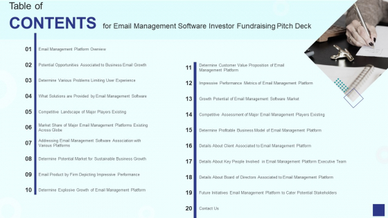 Table Of Contents For Email Management Software Investor Fundraising Pitch Deck Inspiration PDF Table Of Contents For Email Management Software Investor Fundraising Pitch Deck Inspiration PDF