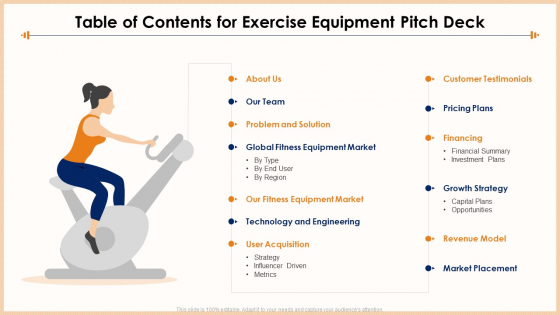 Table Of Contents For Exercise Equipment Pitch Deck Sample PDF Table Of Contents For Exercise Equipment Pitch Deck Sample PDF