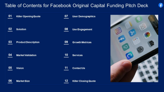 Table Of Contents For Facebook Original Capital Funding Pitch Deck Download PDF Table Of Contents For Facebook Original Capital Funding Pitch Deck Download PDF