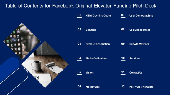 Table Of Contents For Facebook Original Elevator Funding Pitch Deck Demonstration PDF Table Of Contents For Facebook Original Elevator Funding Pitch Deck Demonstration PDF